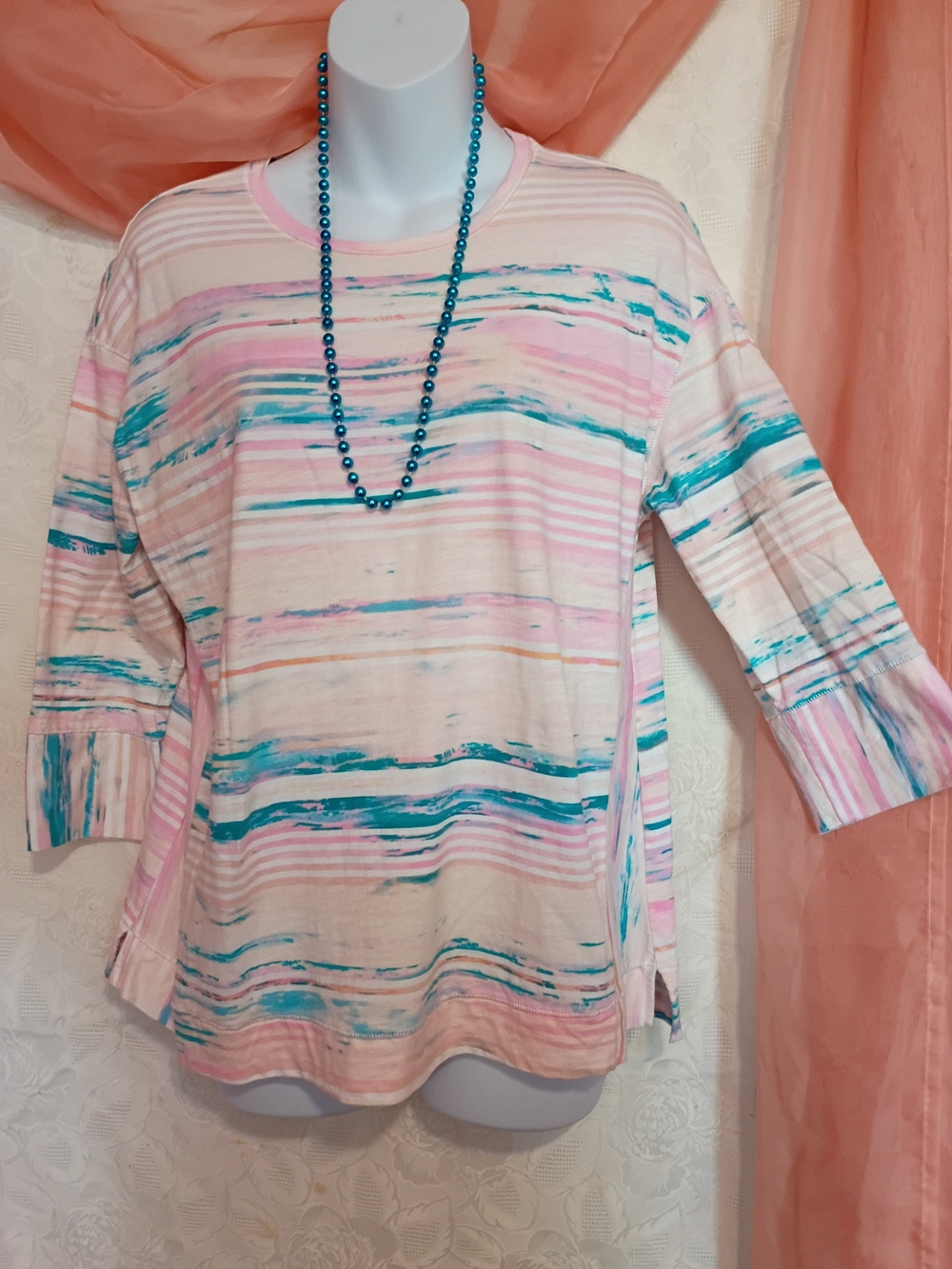 Westbound Ladies Pastel Striped Scoop Neck Long Sleeve Top - Pink & Teal Sz LP